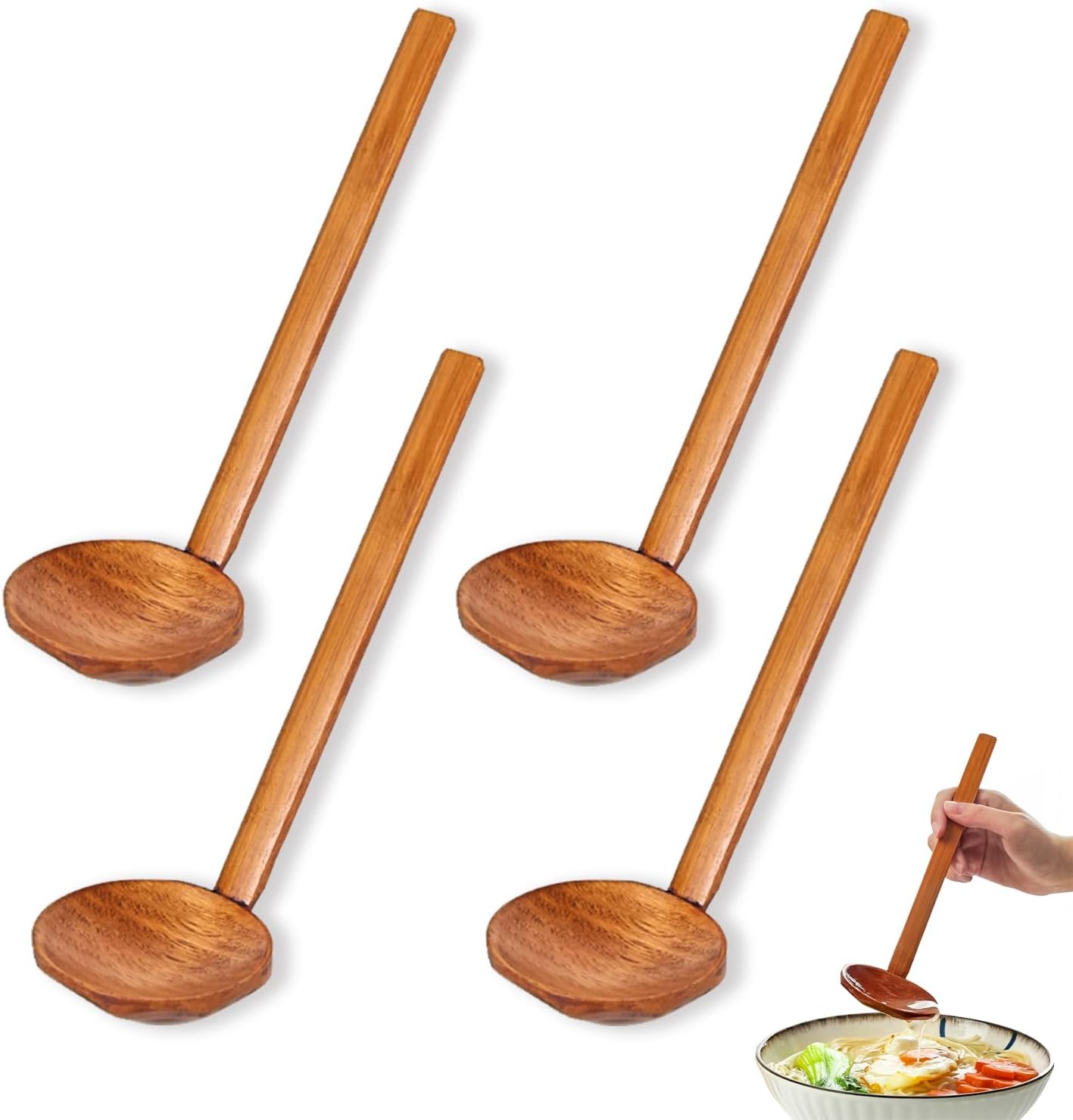 Chinese Soup Spoons Long Handle Wooden Spoons, Japanese Ramen Wooden Soup Spoons Dark Brown Wooden Serving Spoons for Soup, Coffee, Salad Desserts, Chips, Snacks, Cereal, and Fruit (4 Pcs)