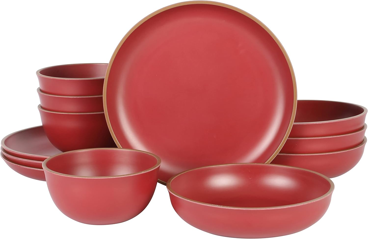 12 Piece Double Bowl Dinnerware Set - Matte Red
