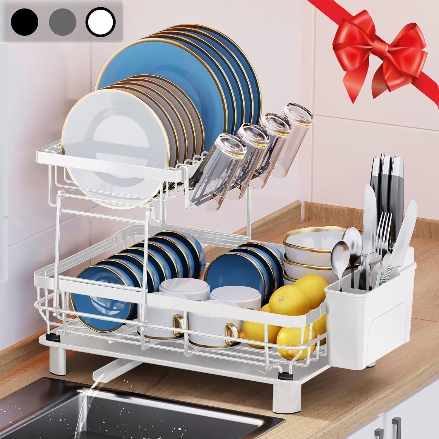 WhiteDishDryingRack-DurableLargeDishRacksforKitchenCounter,DishDrainerwithDrainboard,KitchenOrganizationandStorageforpioneerwomankitchenaccessories(2Tier