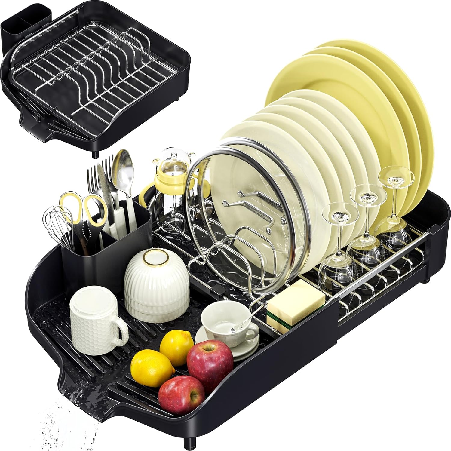 ExtendableDishDryingRack,FoldableDishRack,AdjustableDishDrainerforKitchen-Non-ScratchandMovableCutleryHolderandDrainageSpout,Black